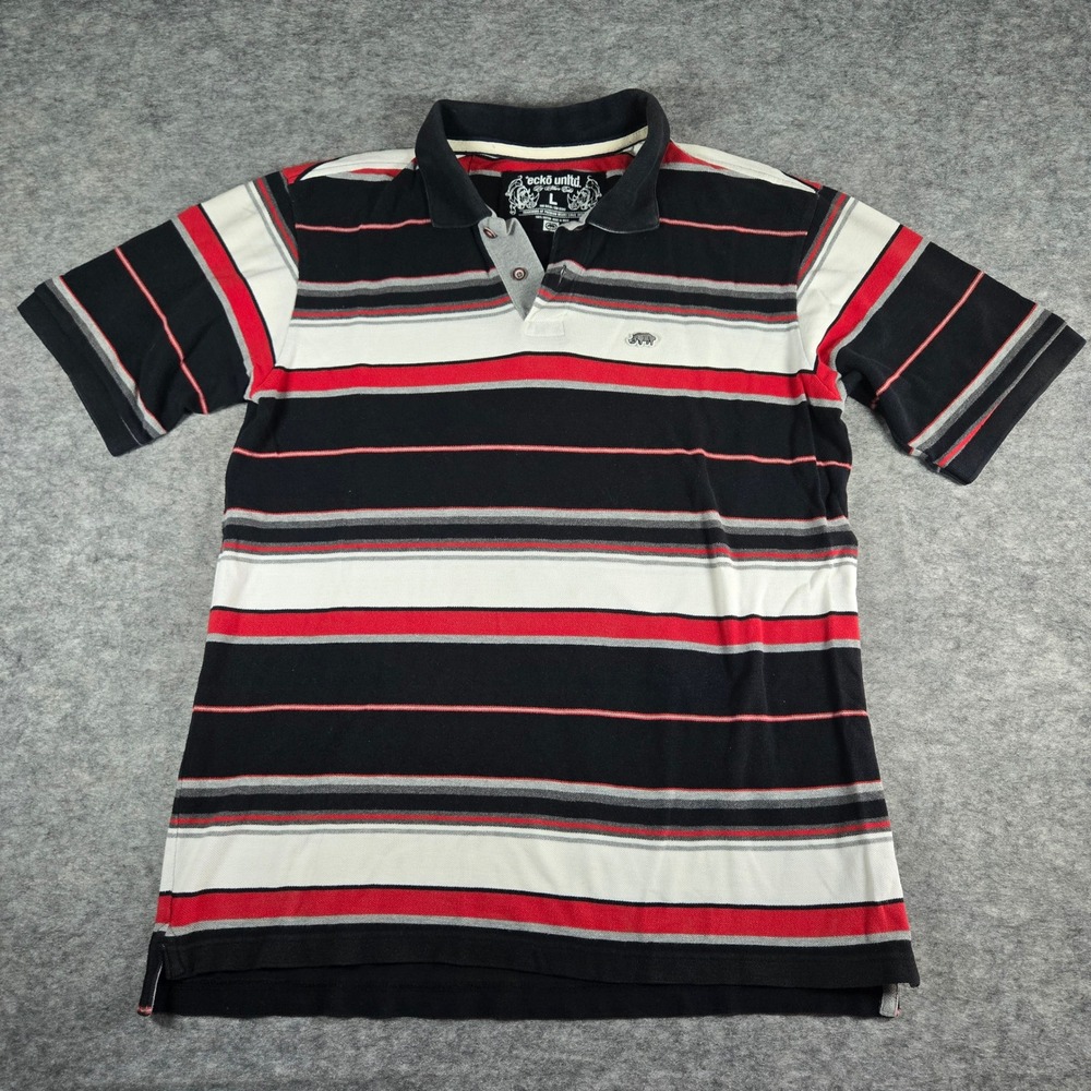 Y2K Ecko Unltd Mens Black Striped Streetwear Polo Shirt Size L - Picture 1 of 8